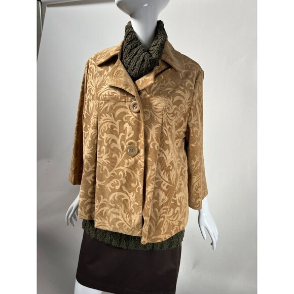 R.Q.T. Womens 1X Printed Corduroy Jacket Button Closure Beige & Brown Polyester - Picture 1 of 16